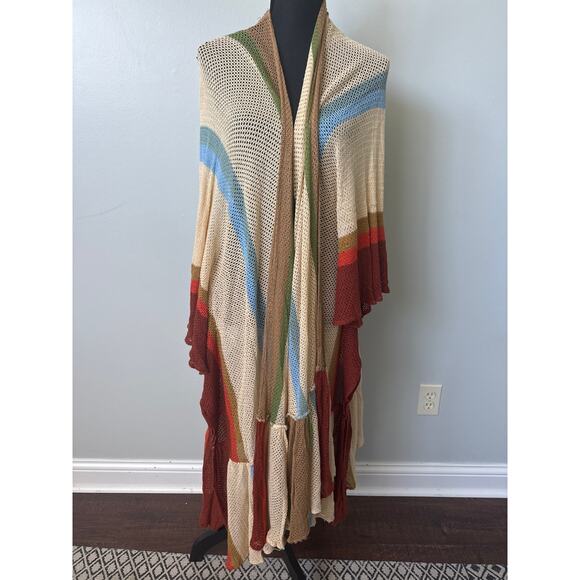Free People Sea Vista Striped Ruffle Kimono Cardigan Swim Beach Cotton One Size - Picture 1 of 6